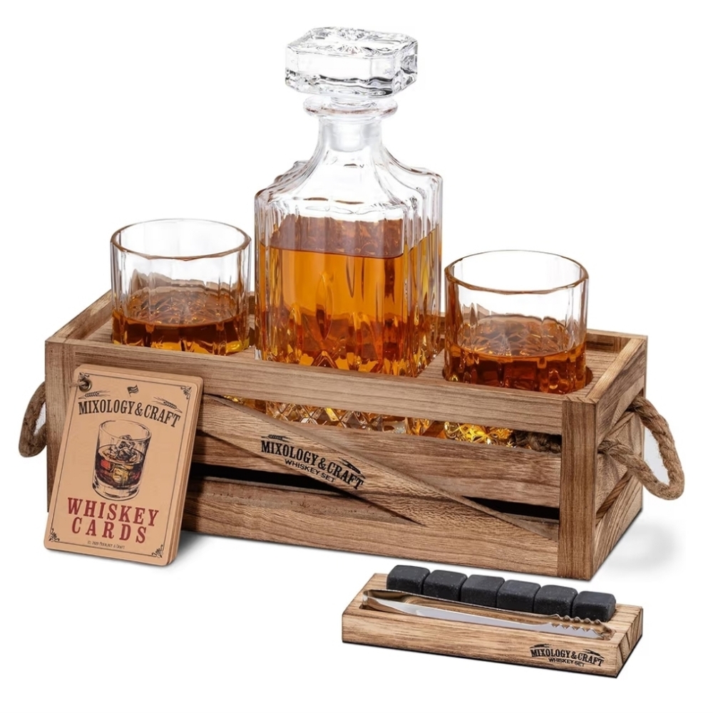 NOT FOR SALE Whiskey Decanter Set with Glasses and Wooden Crate